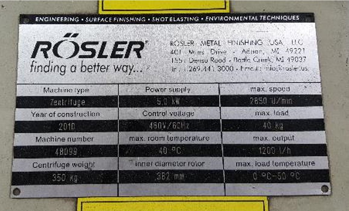 Rosler Z800 Turbo Floc Centrifugal Sludge Separator, Machine ID: 8907